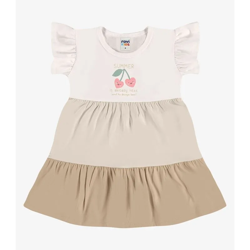 Vestido Infantil Meia Malha Com Estampa Rovi Kids Bege 4