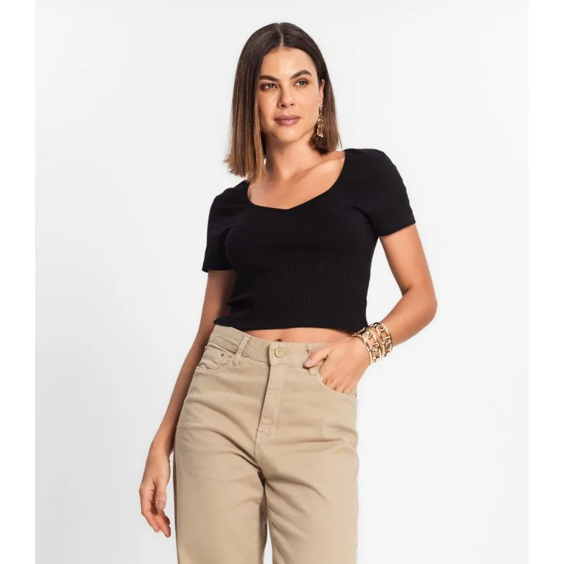 Blusa Canelada Com Decote Princesa Rovitex Preto GG