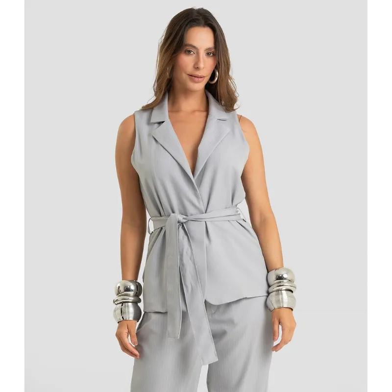 Colete Feminino Alfaiataria Risca De Giz Dianna Cinza GG
