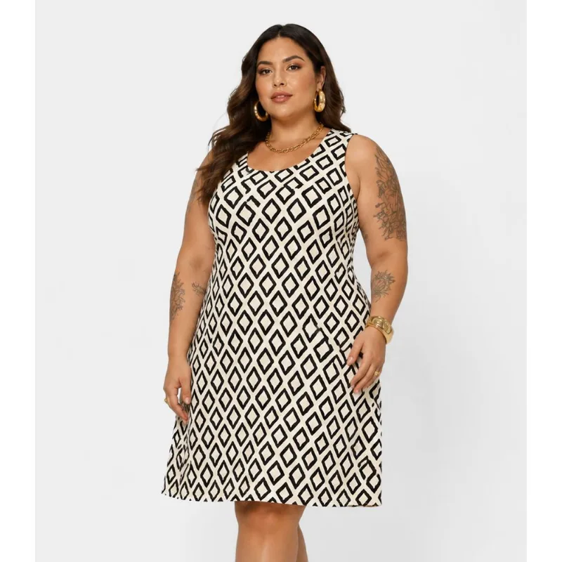 Vestido Curto Estampado Plus Size Infinita Cor Bege G1