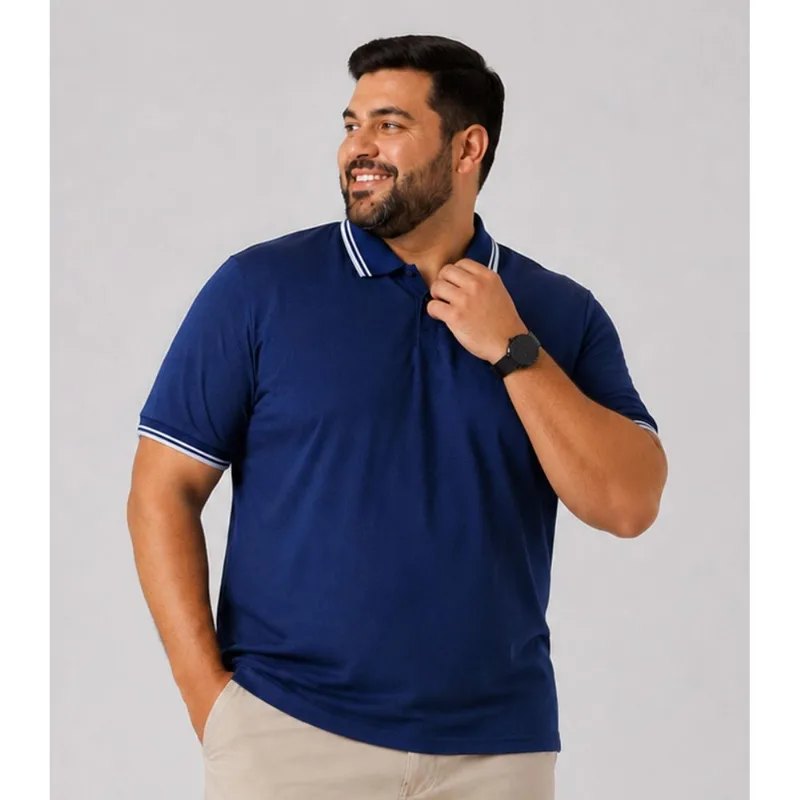 Camisa Polo Masculina Plus Size Manga Curta Select Azul G1