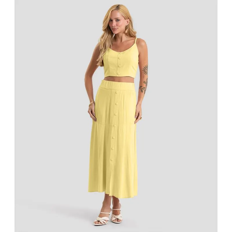 Saia Feminina Midi Com Botões Em Linho Dianna Amarelo GG