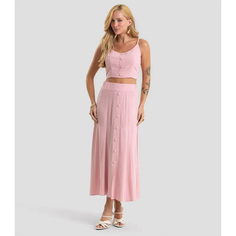 Saia Feminina Midi Com Botões Em Linho Dianna Rosa GG
