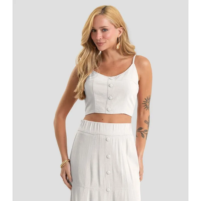 Top Cropped Com Botões Em Linho Dianna Bege M