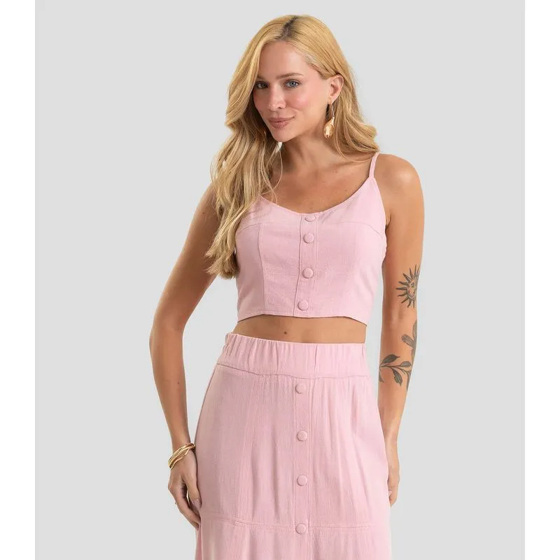 Top Cropped Com Botões Em Linho Dianna Rosa GG