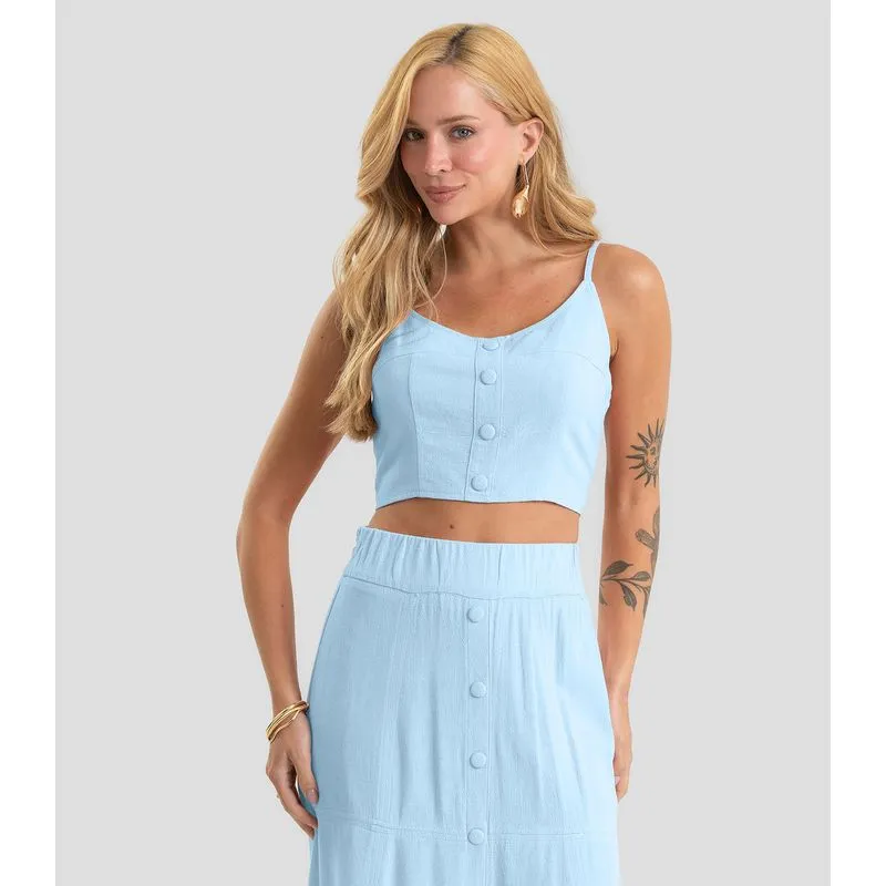 Top Cropped Com Botões Em Linho Dianna Azul P
