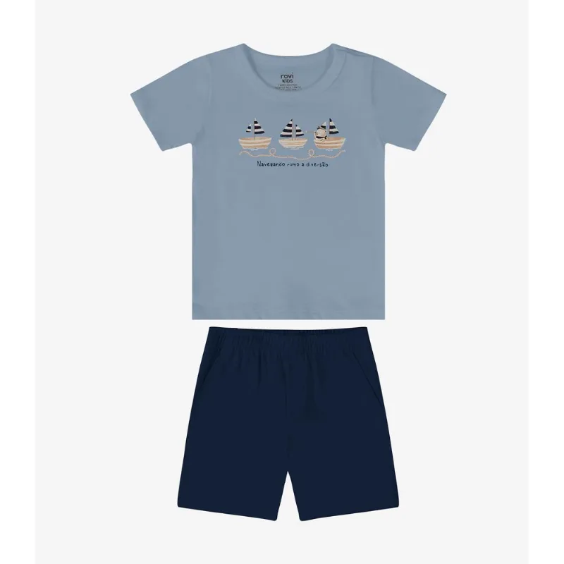 Conjunto Verão Menino Estampa Em Relevo Rovi Kids Azul M