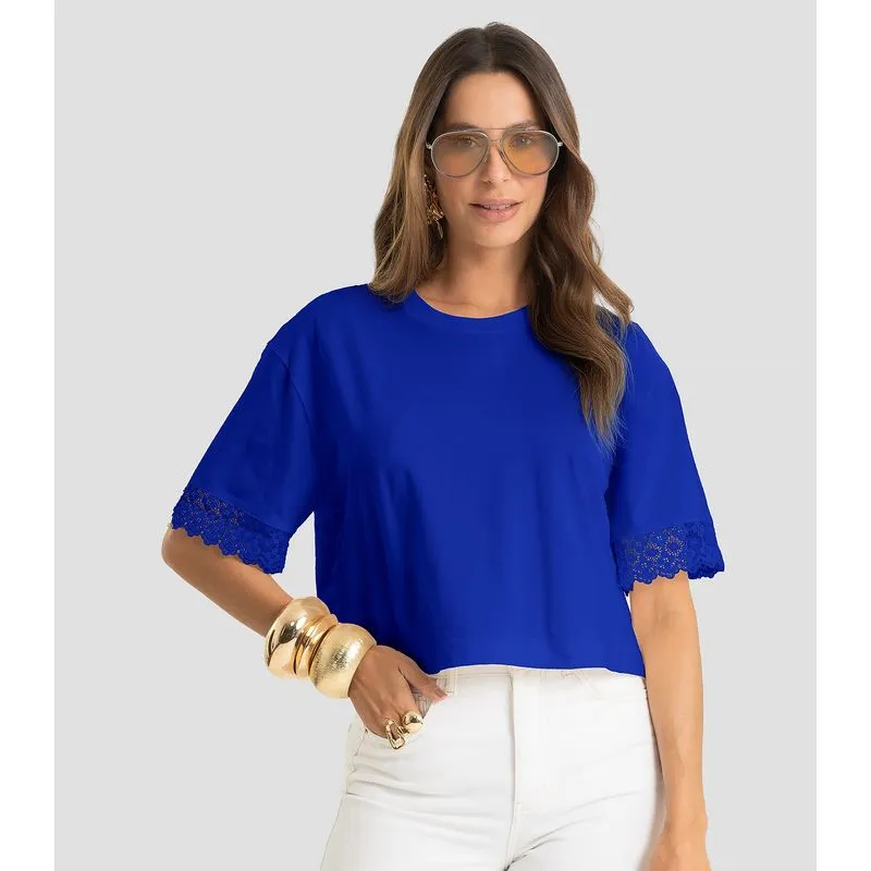 Blusa Feminina Meia Malha Renda Na Manga Dianna Azul G