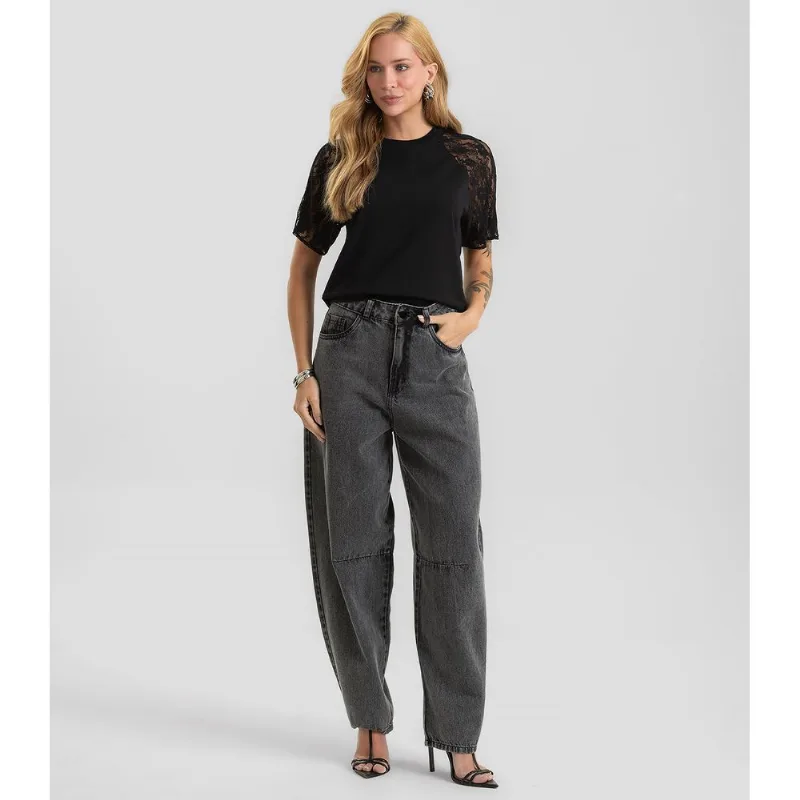 Calça Jeans Feminina Barrel Estonada Dianna Preto 36