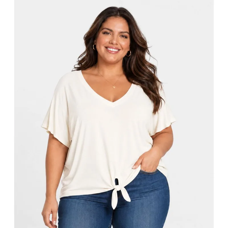 Blusa Feminina Manga Curta Decote Em V Secret Glam Bege Plus G3