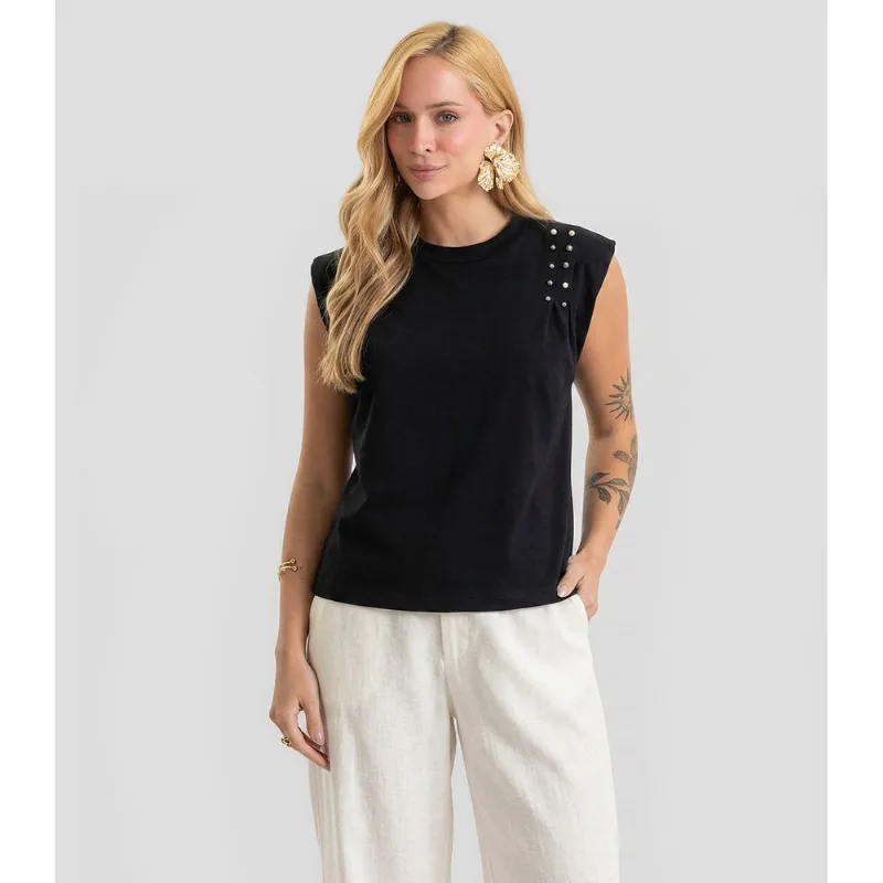 Blusa Feminina Meia Malha Com Ombreiras Dianna Preto GG