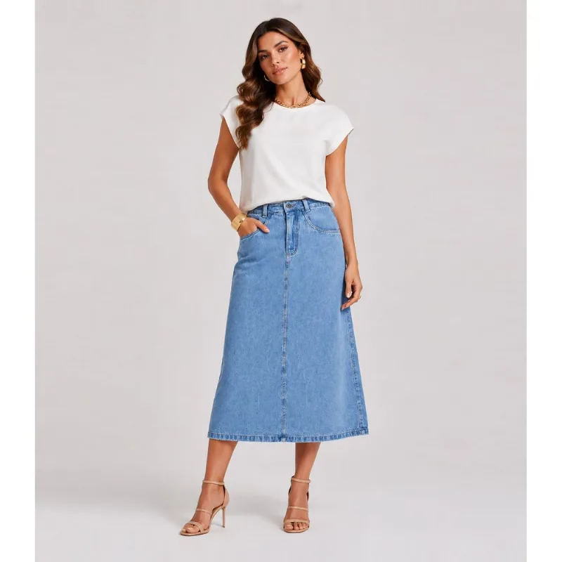 Saia Midi Feminina Jeans Reta Sem Fenda Lumix Azul 36