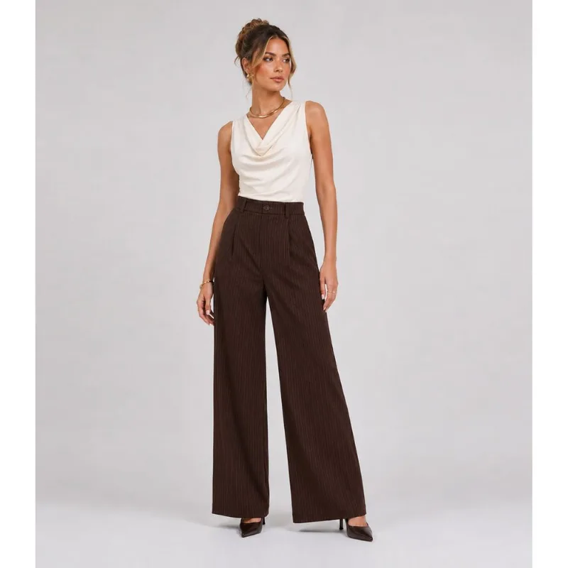 Calça Feminina Risca De Giz Alfaiataria Style Box Marrom G