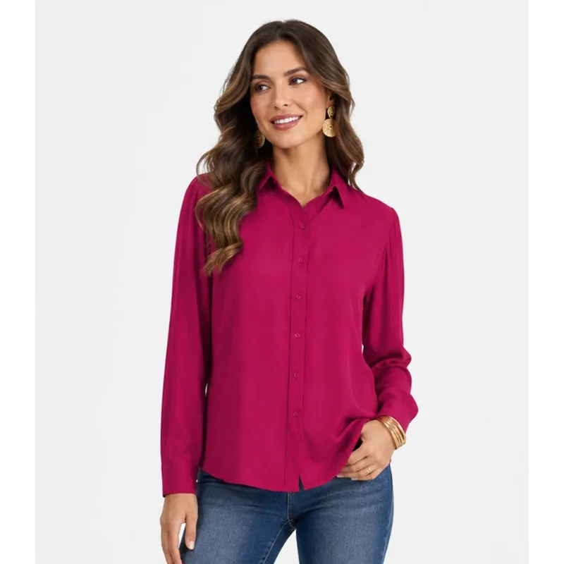 Camisa Feminina Manga Longa Em Viscose Slub Aishty Rosa G