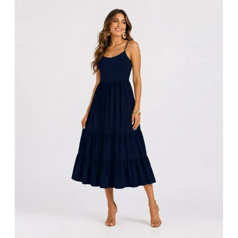 Vestido Midi Feminino De Alça Em Viscose Aishty Azul G