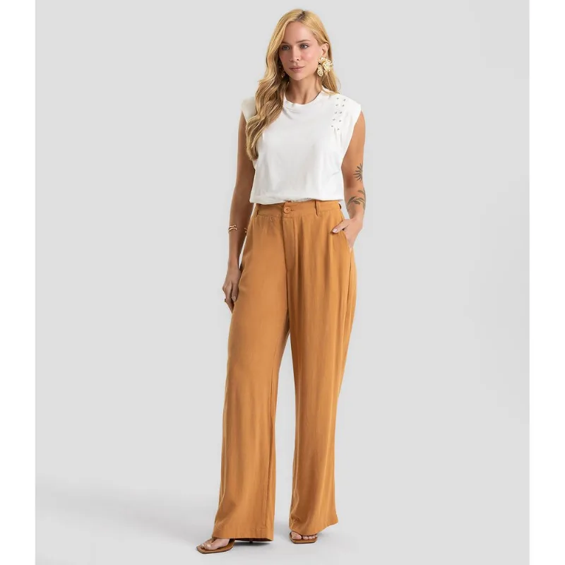 Calça Wide Leg Tecido Linho Strong Dianna Marrom P