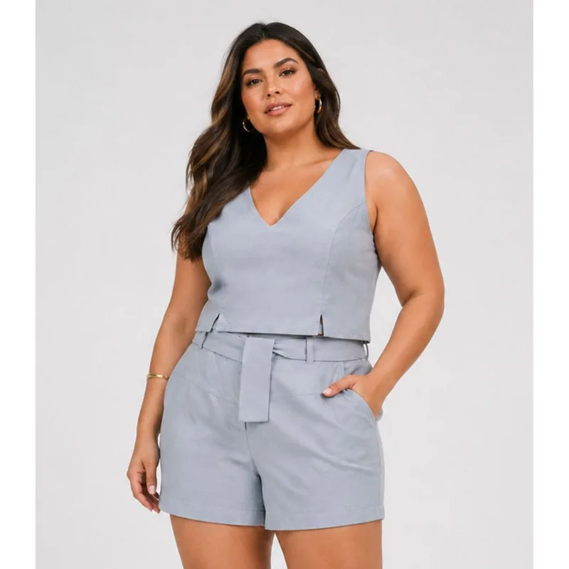 Conjunto Feminino Plus Size Linho Unique Fashion Azul G4