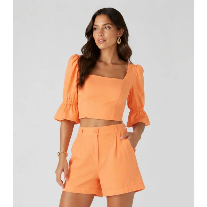 Conjunto Feminino Em Linho Unique Fashion Laranja GG