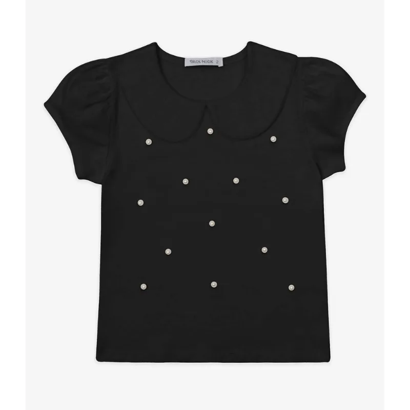 Blusa Verão Menina Curta Com Pérolas Trick Nick Preto 10