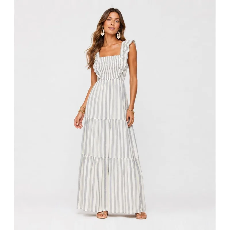 Vestido Midi Feminino Listrado Com Lastex Aishty Cinza GG