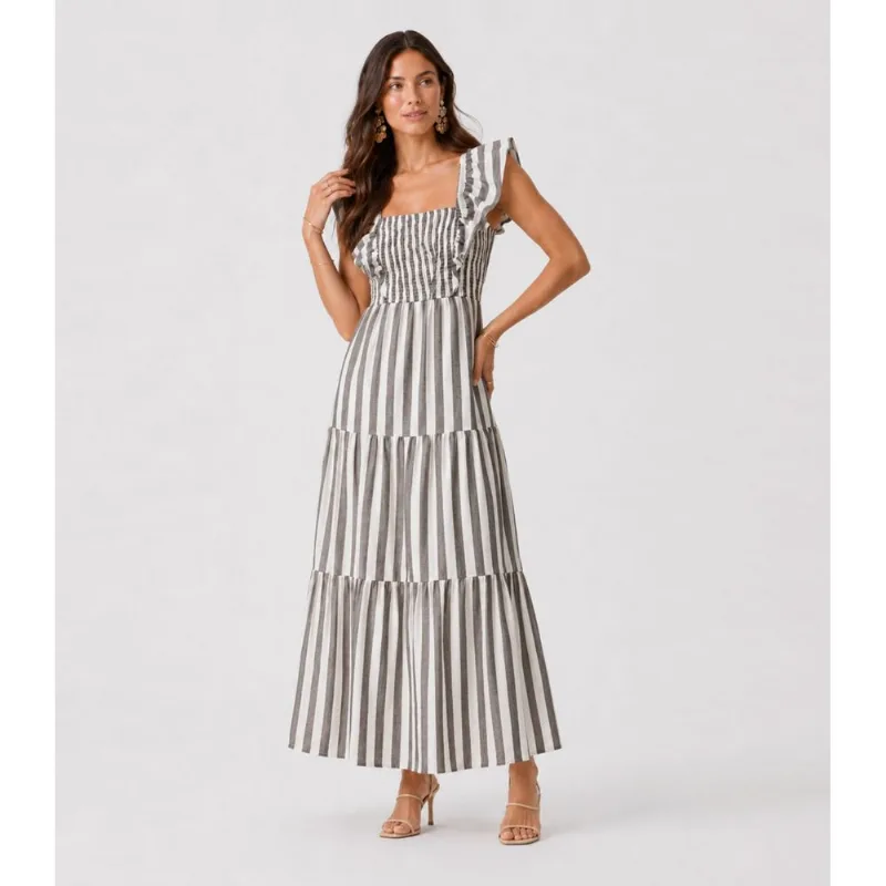 Vestido Midi Feminino Listrado Com Lastex Aishty Preto P