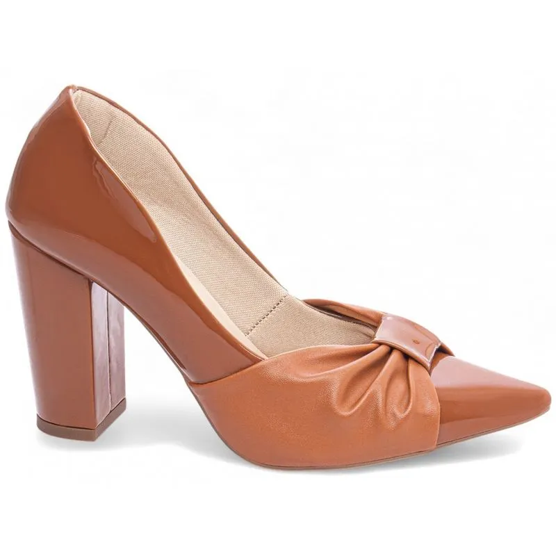Sapato Scarpin Salto Alto Grosso Bico Fino Feminino Tiras Caramelo Torricella