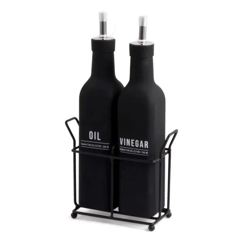 10x Conjunto Galheteiro De Vidro 300ml 2 Peças Preto Com Dos