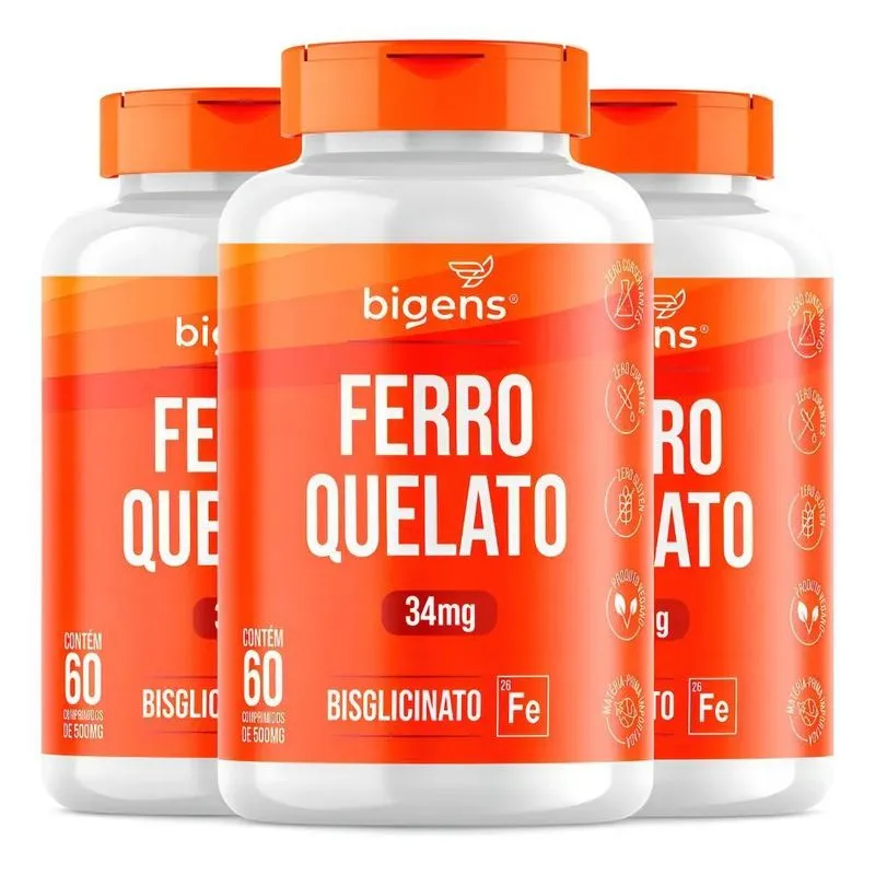 Kit Com 3x Ferro Quelato Bisglicinato 34mg, 180 Comprimidos