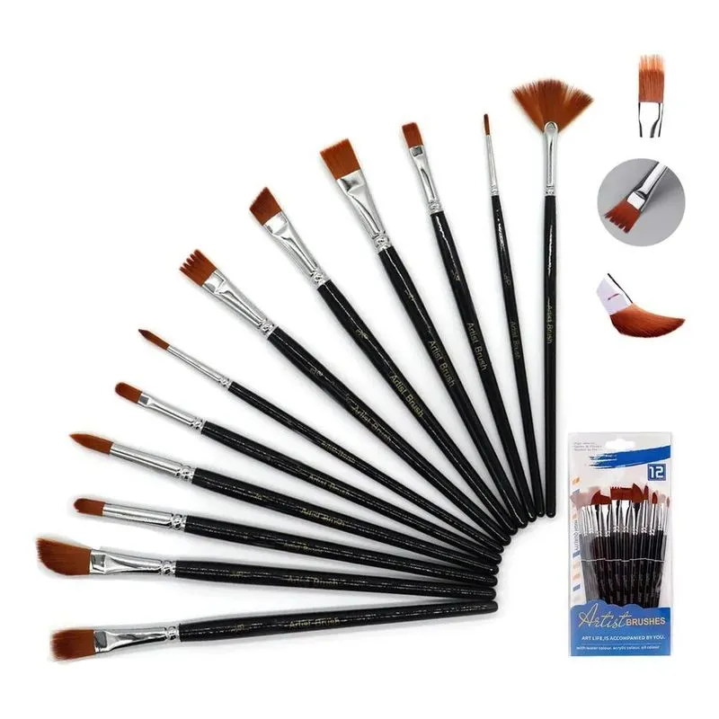 Kit 12 Pinceis Para Pintura Em Tela Aquarela Óleo Artesanato