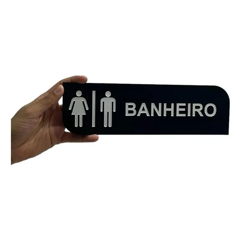 5x Placa Sinalização Banheiro Wc Acrílico Preto Com Prata