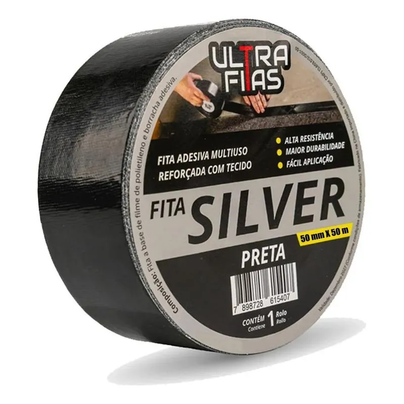 Fitas Silver Tape Multiuso Preta 50 Metros 48 Mm Adesiva Uso