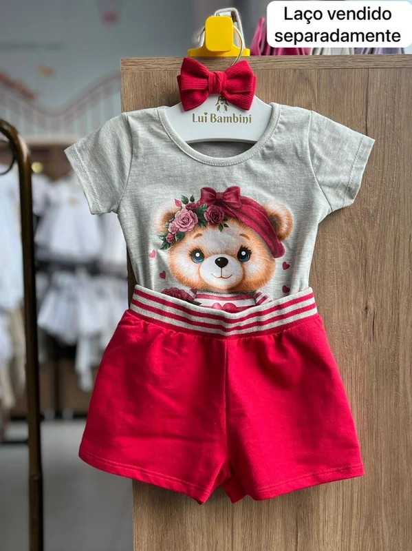 CONJUNTO BLUSA MANGA CURTA URSO FLORES E SHORT MENINA KYLY MESCLA/VERMELHO / 2