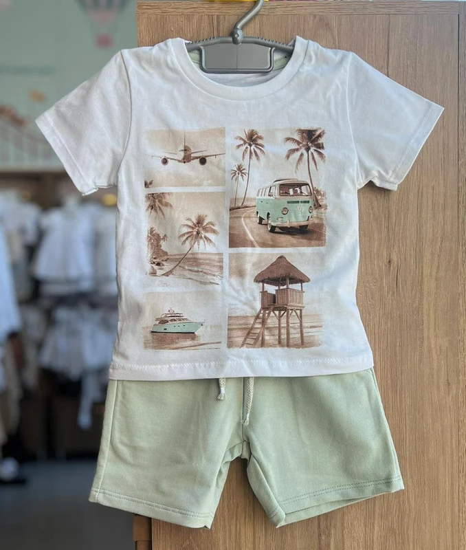 CONJUNTO CAMISETA MANGA CURTA VIAGEM PALMEIRA PRAIA E BERMUDA MENINO MILON Branco / 14