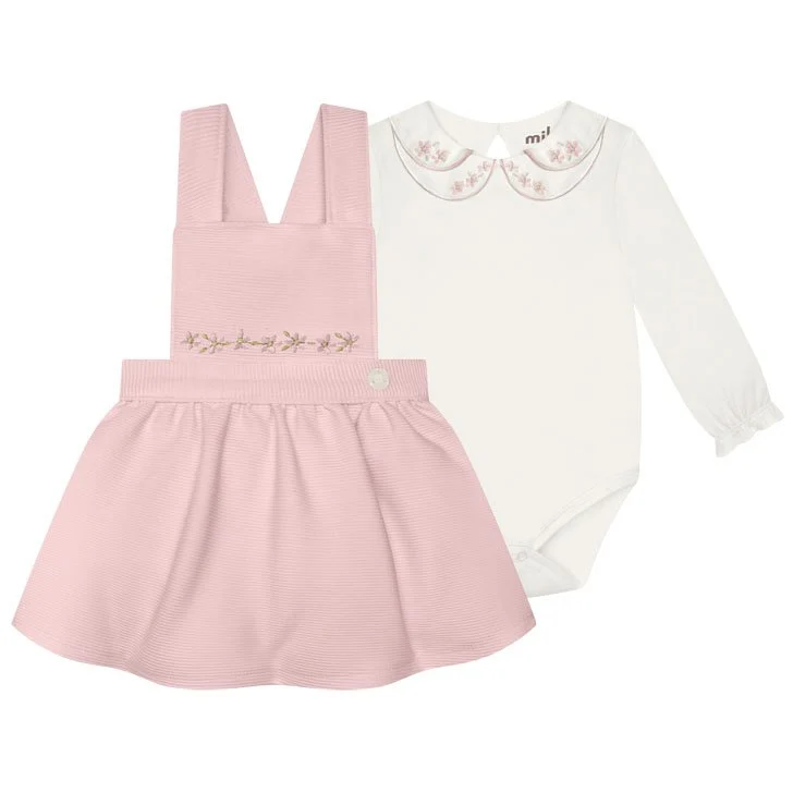 CONJUNTO BODY MANGA LONGA BORDADO FLOR E SALOPETE ALÇA MENINA MILON ROSA CLARO / 3-6M