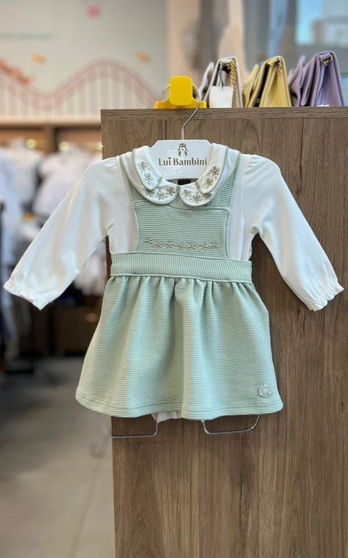CONJUNTO BODY MANGA LONGA BORDADO FLOR E SALOPETE ALÇA MENINA MILON VERDE CLARO / 3-6M