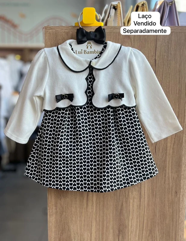 CONJUNTO VESTIDO BODY MANGA CURTA CORAÇÕES BABADO E BOLERO MANGA LONGA MENINA MILON OFF/PRETO / 9-12M