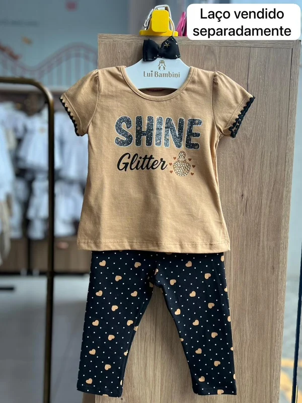 CONJUNTO BLUSA MANGA CURTA SHINE GLITTER E CALÇA LEGGING POA MENINA KYLY MARROM/PRETO / 1