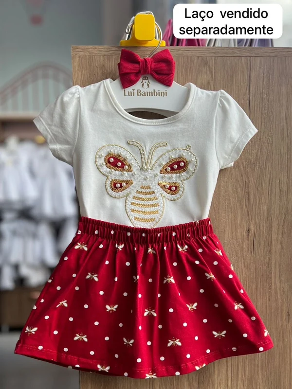 CONJUNTO BLUSA MANGA CURTA BORBOLETA PÉROLAS E SAIA MENINA MILON OFF/VERMELHO / 8