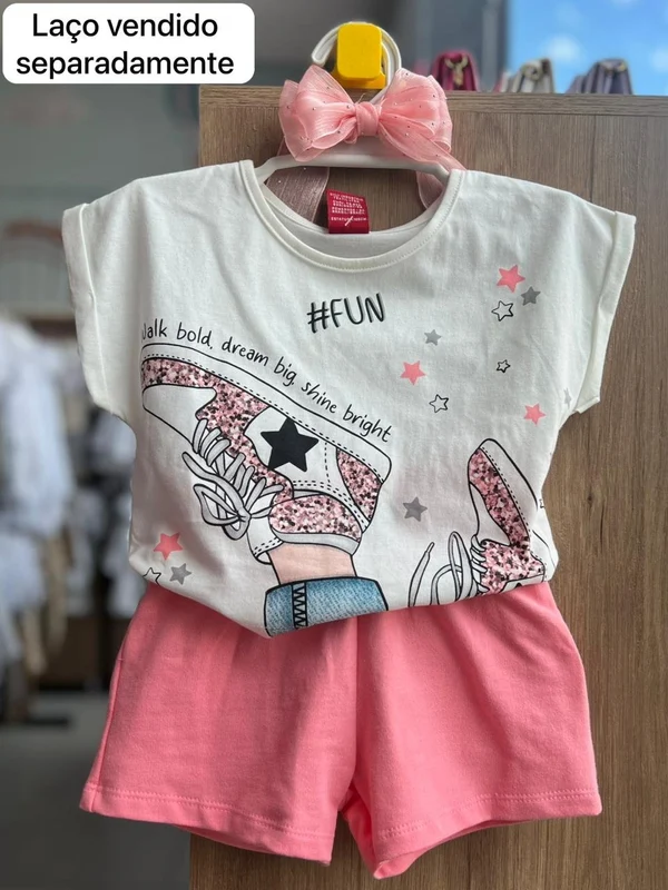 CONJUNTO BLUSA MANGA CURTA ESTRELA STAR E SHORT MENINA KYLY OFF/ROSA / 8