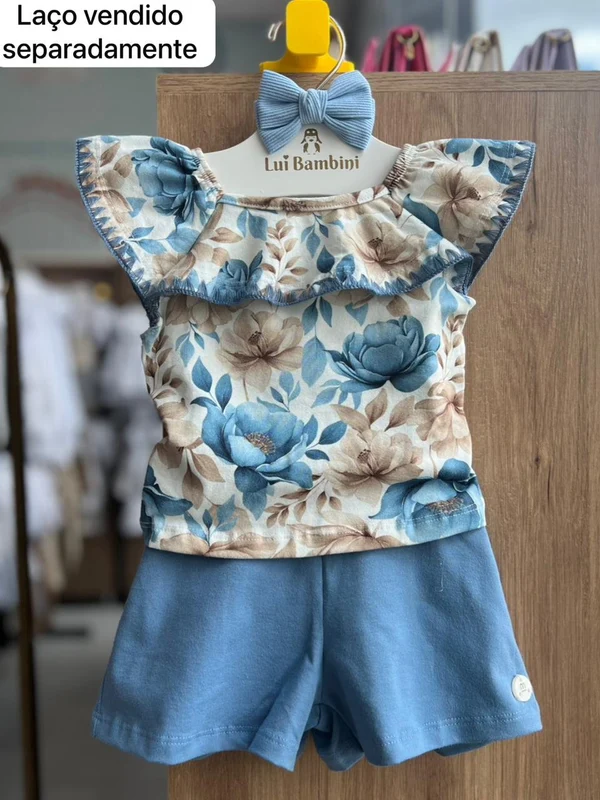 CONJUNTO BLUSA MANGA CURTA BABADO RENDA FLORES E SHORT MENINA MILON OFF/AZUL / 6