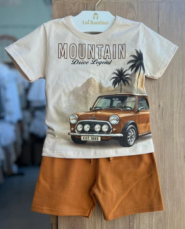 CONJUNTO CAMISETA MANGA CURTA MOUTAIN CARRO E BERMUDA MENINO KYLY Bege / 8