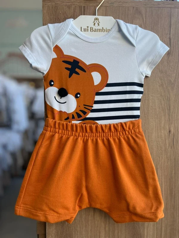CONJUNTO BODY MANGA CURTA LISTRADO TIGRE E BERMUDA MENINO KYLY Branco / 9-12M
