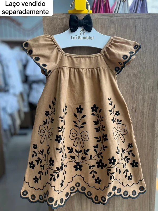 VESTIDO MANGA CURTA BABADO LAÇO FLORES FURADO MENINA MILON MARROM / 4