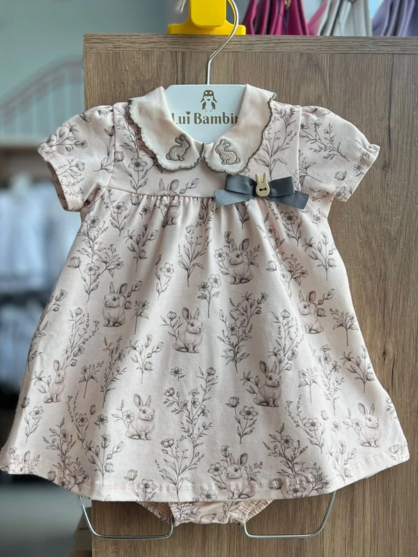 VESTIDO MANGA CURTA COELHO BORDADO FLORES E CALCINHA MENINA MILON ROSA CLARO / 1