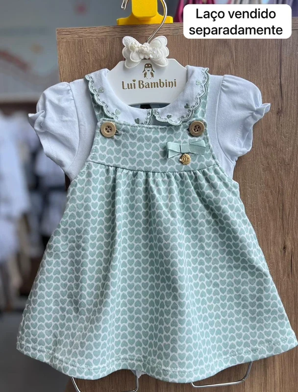 CONJUNTO SALOPETE ALÇA CORAÇÕES BOTÃO E BODY MANGA CURTA BORDADO MENINA MILON VERDE/BRANCO / 1
