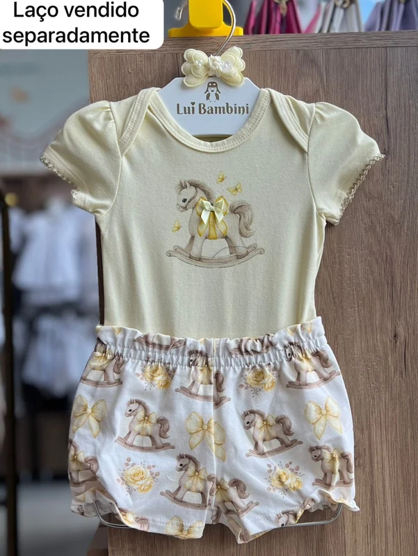 CONJUNTO BODY MANGA CURTA BODY CAVALO LAÇO E SHORT MENINA MILON CREME / 3-6M