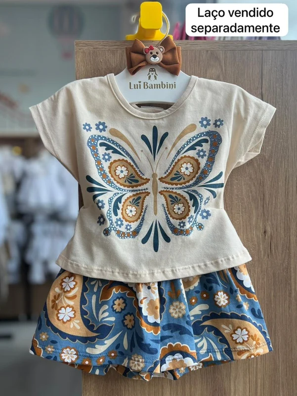 CONJUNTO BLUSA MANGA CURTA BORBOLETA E SHORT MENINA NANAI BEGE/AZUL / 8