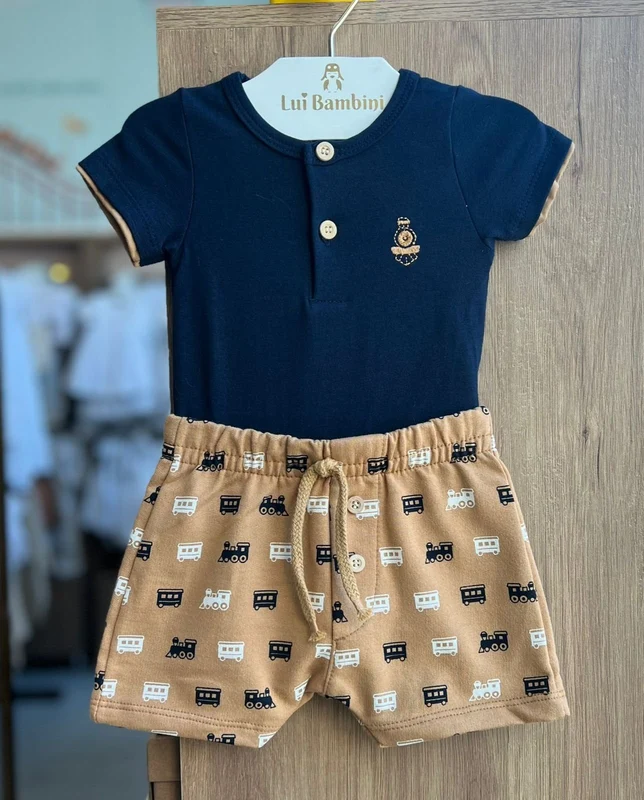 CONJUNTO BODY MANGA CURTA TREM E BERMUDA MENINO MILON MARINHO/BEGE / 6-9M