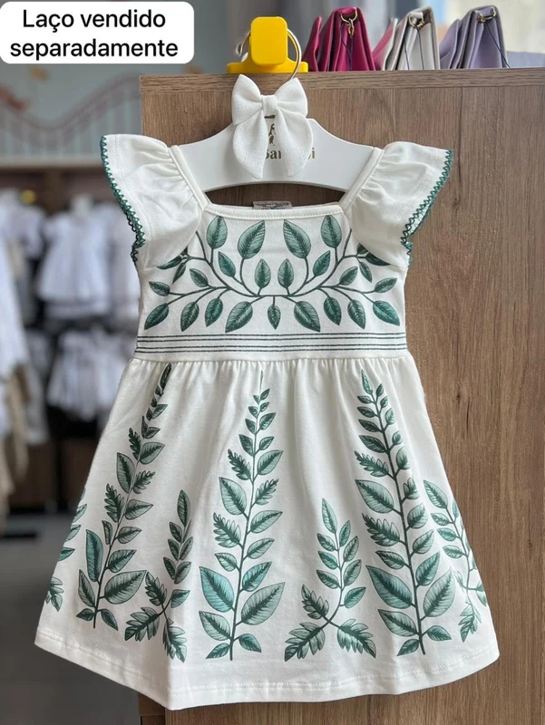 VESTIDO MANGA CURTA BABADO RENDA FOLHAS MENINA MILON OFF/VERDE / 6