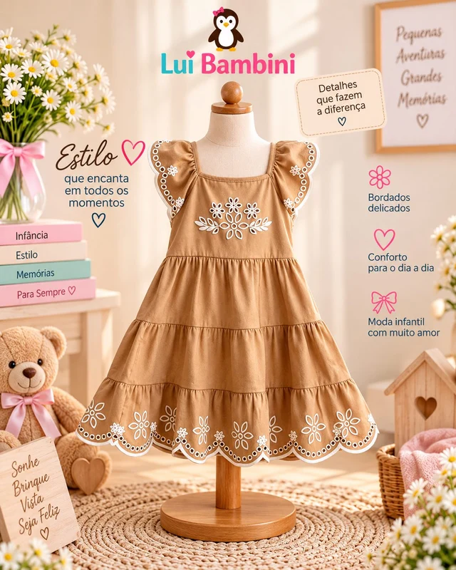VESTIDO REGATA BABADO FLORES MENINA MILON MARROM / 4